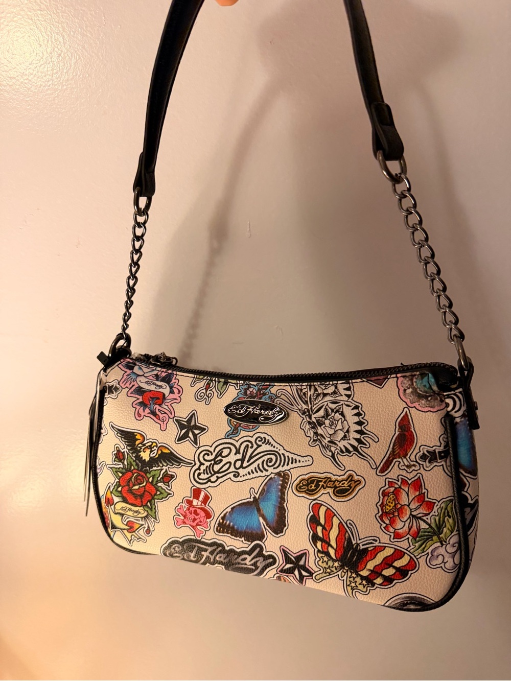 Ed Hardy Y2K Tattoo Print Butterfly Shoulder Bag Baguette Purse